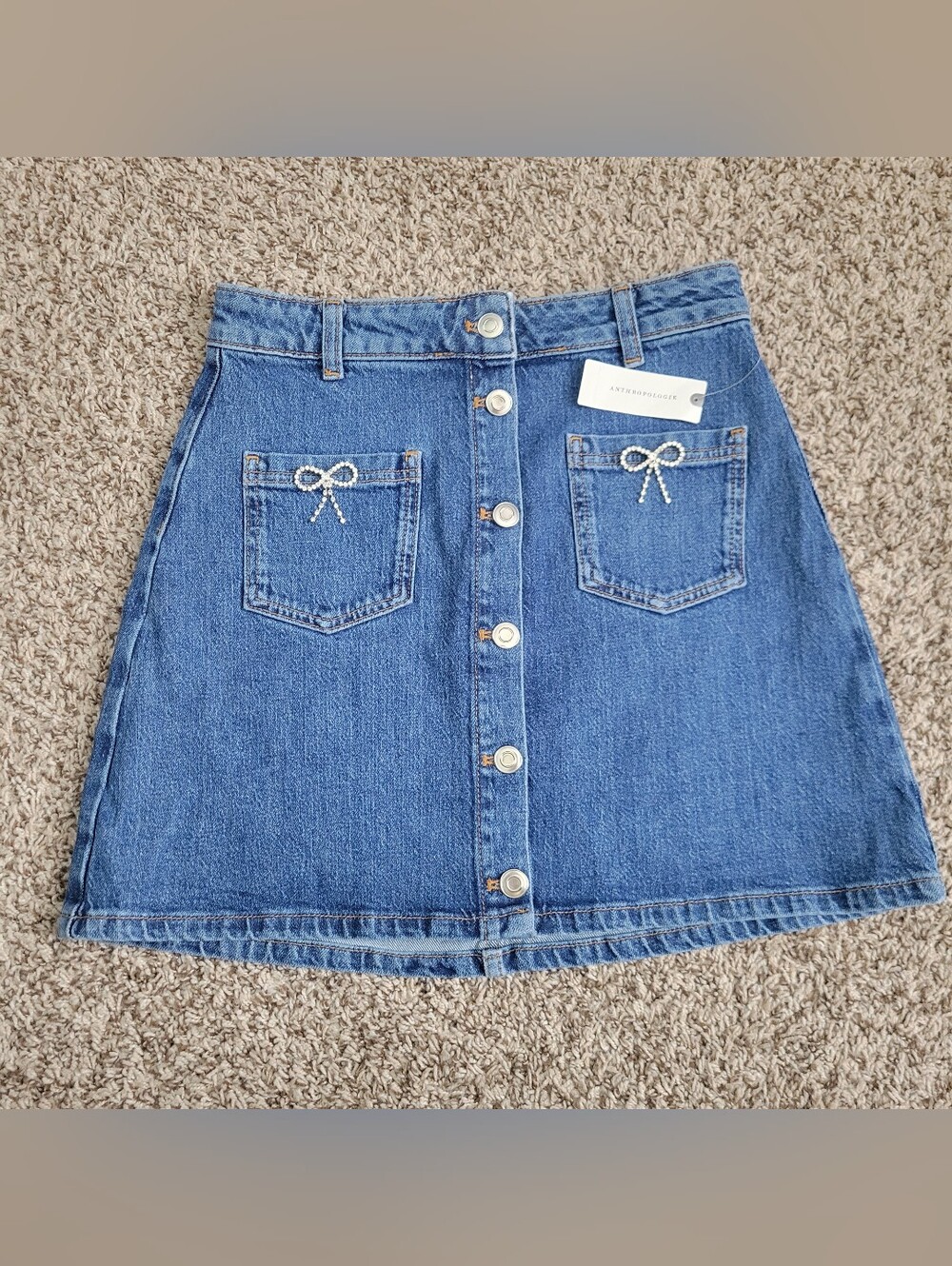Anthropologie Maeve Denim Bow Mini Skirt Blue Button Front Rhinestone 4 NWT